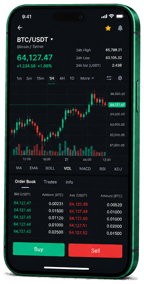 Varnuqel Omtrexis mobile application — live BTC/USDT charts, order book, and trading functionalities